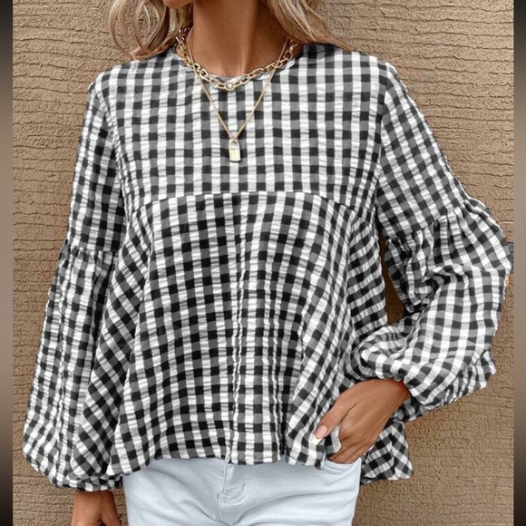Boho Gingham Peplum Top Blouse Shirt Pink White - Picture 4 of 11